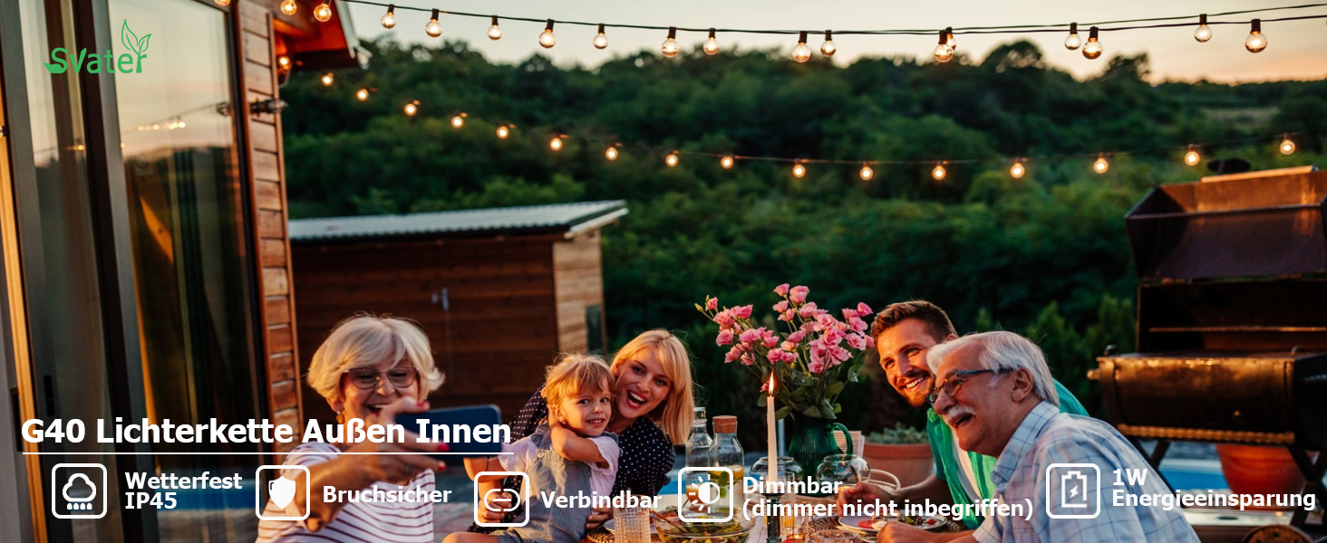 Світлодіодна гірлянда для зовнішнього використання, 60 м, G40 LED, вологостійка IP45, димерна, тепле біле світло (2700K), 104 пластикові лампочки, для декору саду, тераси, вечірки