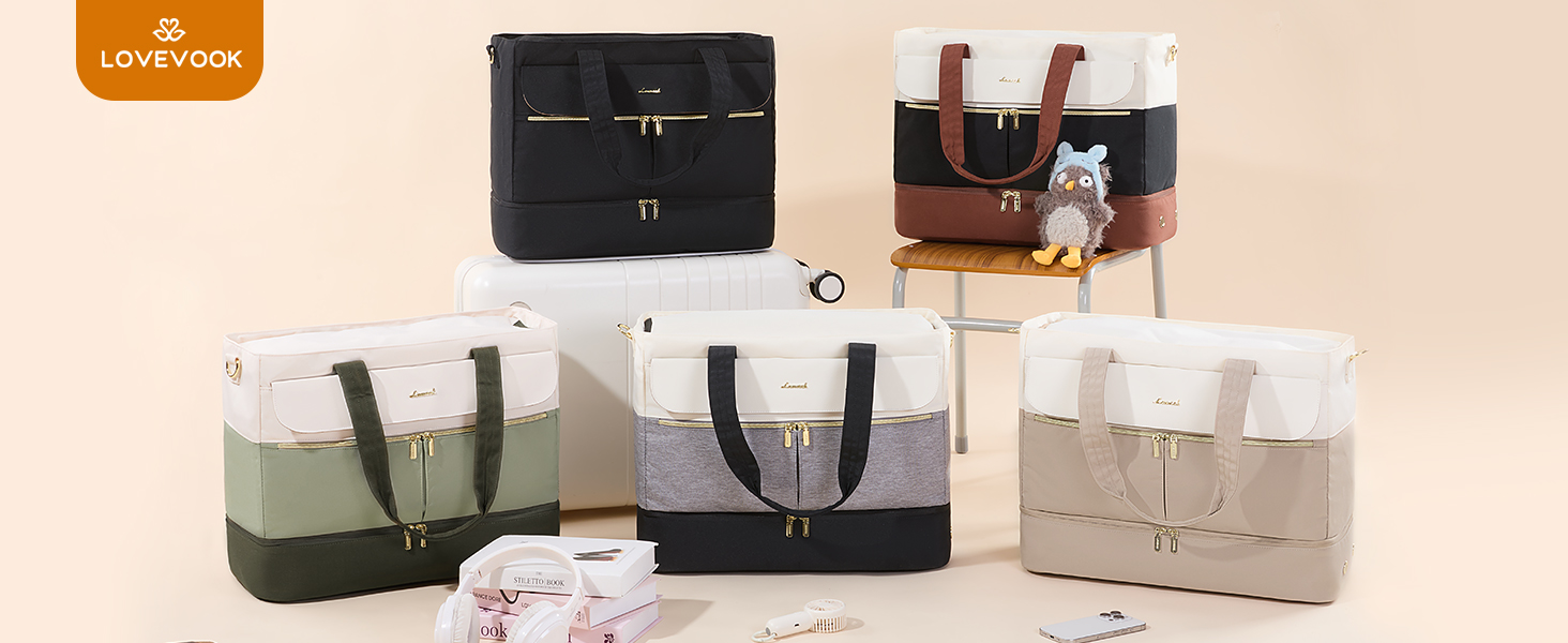 Сумка-валіза LOVEVOOK для жінок, 45L, Weekender, ручна поклажа, велике відкривання, сумка для пологового будинку, спортивна сумка, дорожня сумка, з відділенням для взуття та мокрою білизною, для подорожей, Gym, beige+khaki