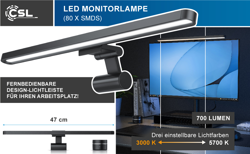 LED лампа для монітора CSL з димуванням, 8 рівнів яскравості та 3 кольори, USB, без відблисків
