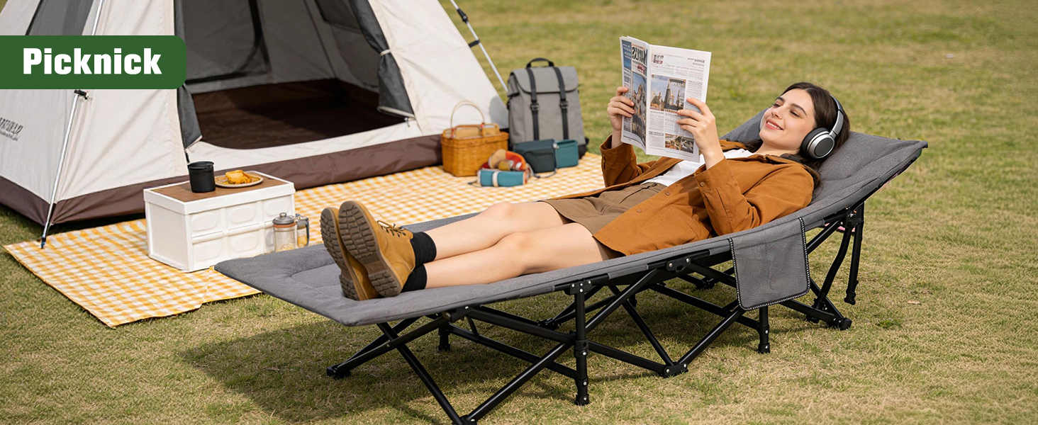 Складане кемпінгове ліжко Sekey з матрацом та бічною кишенею, 190 x 71 x 36 см, поширена шезлонг-ліжка для відпочинку на природі, в саду, на фестивалях та в подорожах