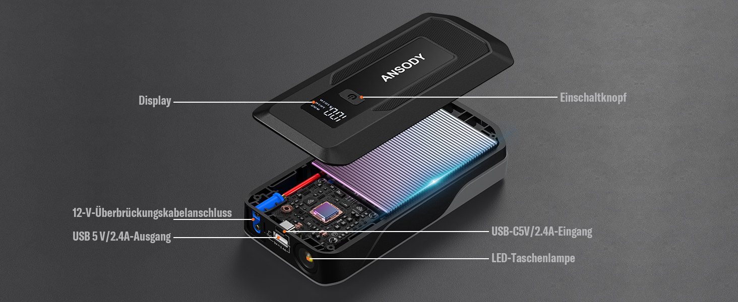 Бустерний пускач автомобіля 3000A Powerbank для авто 12V (до 10л бензин/8л дизель) з LED-ліхтарем та пусковими кабелями, сірий