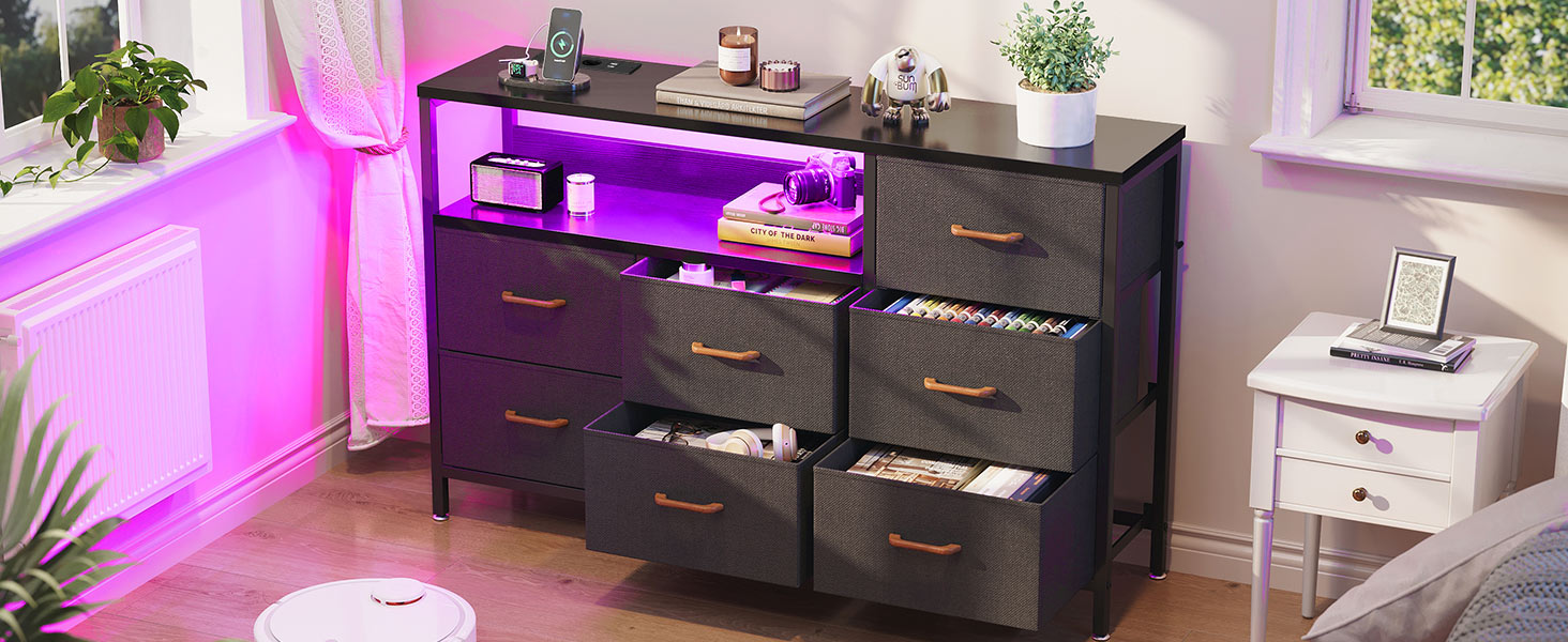 Комод Coleshome з висувними ящиками, світлодіодною підсвіткою, 2 USB та 2 розетки AC, 7 тканинних ящики, для спальні/вітальні, 132*30*89 см, чорний