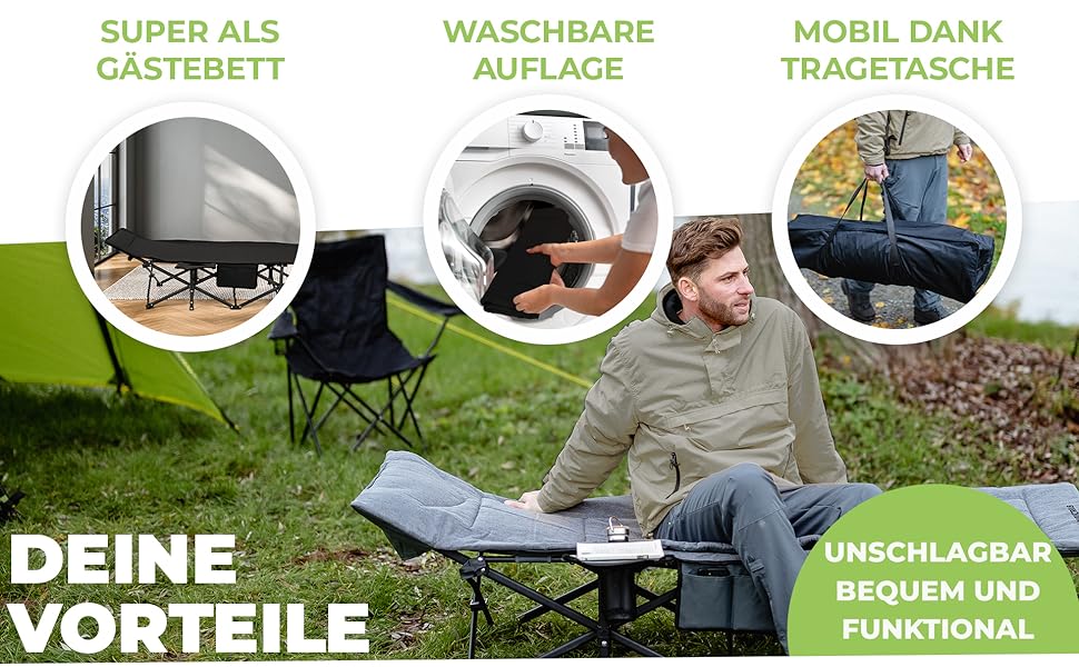 Розкладне кемпінгове ліжко NORDICTRAILS XXL з м'яким матрацом, сіре (190 x 70 см) — зручне похідне ліжко для відпочинку, риболовлі та гостей