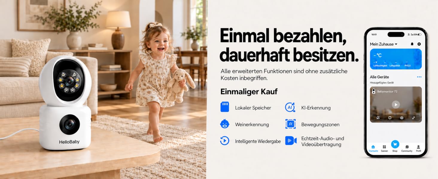 Відеоняня HelloBaby WiFi з камерою, нічним баченням та датчиком руху, двосторонній аудіозв'язок, керування через додаток, підтримка Cloud/SD карти пам'яті (Білий)