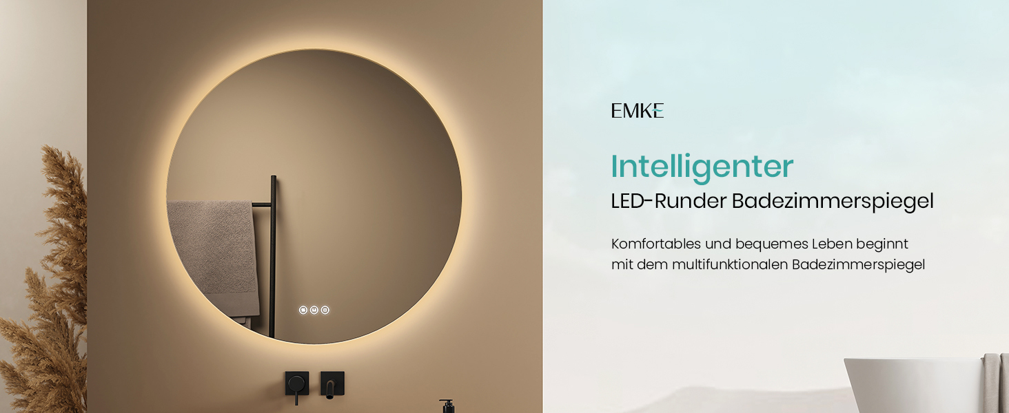 Дзеркало для ванної кімнати EMKE з підсвічуванням, 50 см, кругле, без рами, з регулюванням яскравості, 3 кольори світла, антизапар, сенсорне управління, функція пам'яті, 60x60 см