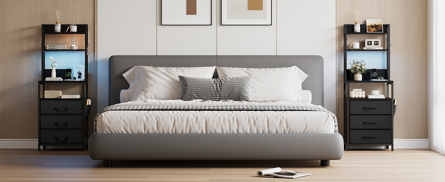 Нічний столик з підзарядкою та LED, приліжний столик з 3 висувними ящиками з тканини, нічник з полицею для книг, відкрите відділення, 2 розетки AC, 1 USB та 1 Type C роз'єми, для спальні, вітальні, офісу (Чорний) 40x30x60 см Чорний 1