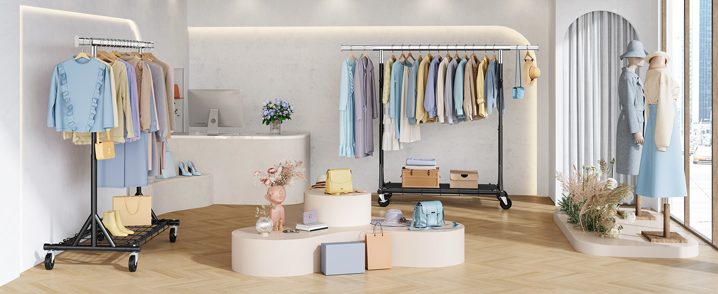 Стійка для одягу на колесах FAVOOOSTY, металева, мобільна, до 200 кг, чорна, 1 перекладина