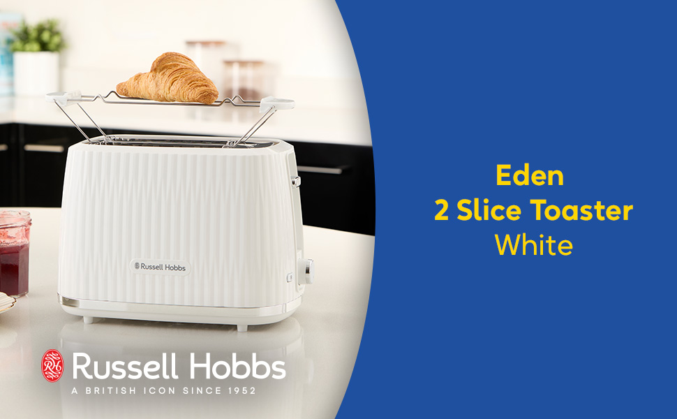 Тостер Russell Hobbs Eden для 2 скибок, білий - 6 режимів підсмажування, розморожування, підігрів, підйом, лоток для крихт