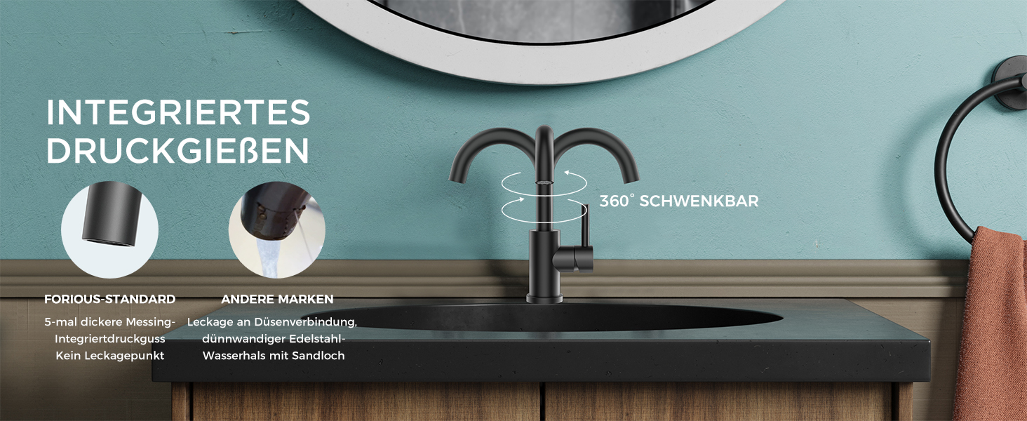 Змішувач для ванної кімнати/кухні FORIOUS Hoch 360° з нержавіючої сталі, з можливістю повороту 175 мм, матовий чорний, з підключенням до гарячої та холодної води, для встановлення на мийку, преміум-якість