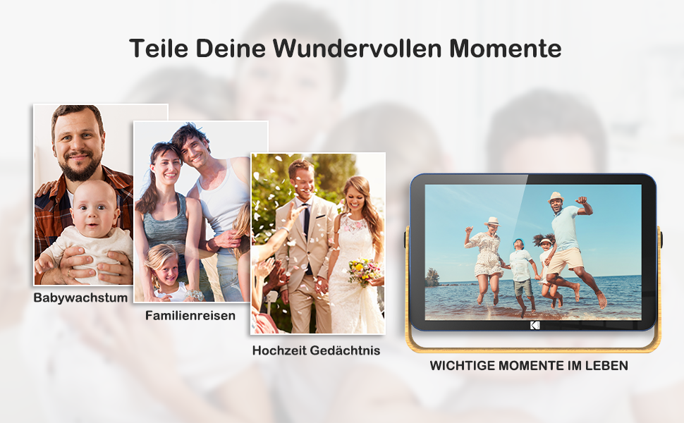 Цифровий фоторамка Kodak з акумулятором, Wi-Fi, 10 дюймів, 32 ГБ, сенсорний HD IPS екран, фото/відео/музика, Bluetooth, керування через додаток, блакитний