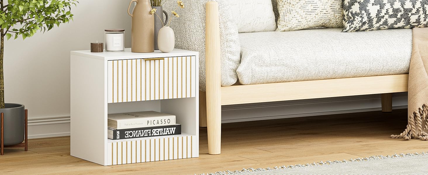 Нічний столик з ящиком, дерев'яний, білий. Сучасний приліжний столик для спальні, вітальні, офісу. 39x39x28 см