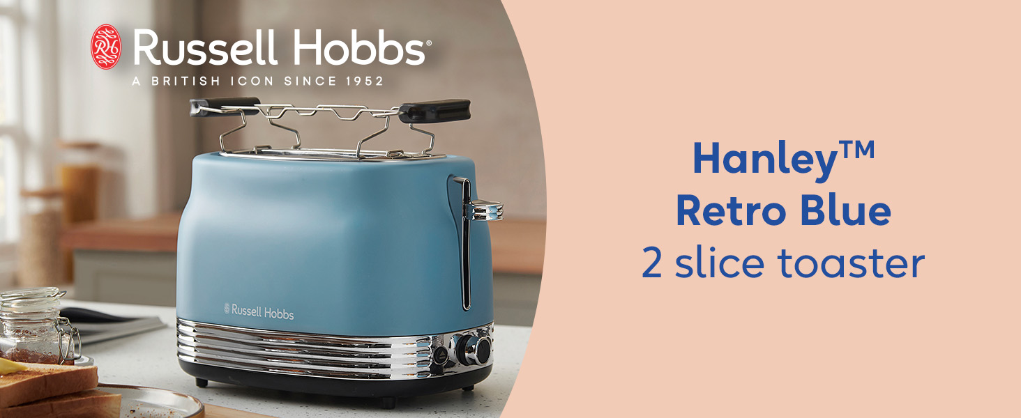 Тостер Russell Hobbs Hanley на 2 тости, блакитний (6 режимів, широкі слоти, розморожування, підігрів, підйом тостів)