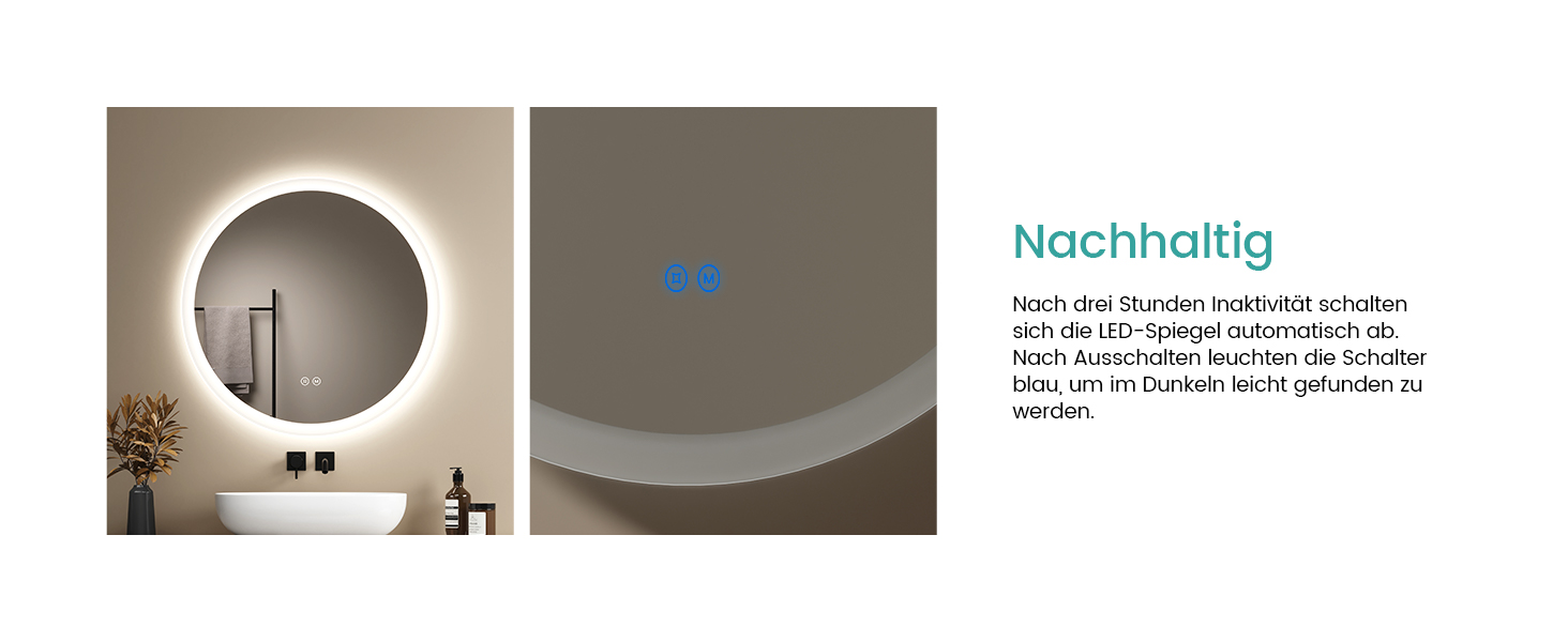 Дзеркало для ванної кімнати EMKE з підсвічуванням, 50 см, кругле, з регулюванням яскравості, 3 кольори світла, антизапарник, сенсорне управління, пам'ять налаштувань, матовий край, 50x50 см