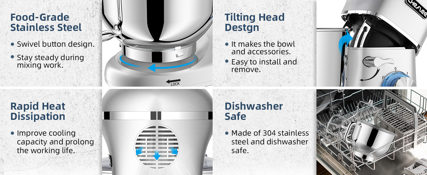 Кухонна машина Cheflee 2000W з місткою чашею 6.2L з нержавіючої сталі, 6 швидкостей, низький шум, набір насадок (міксер, гак для тіста), захист від бризок