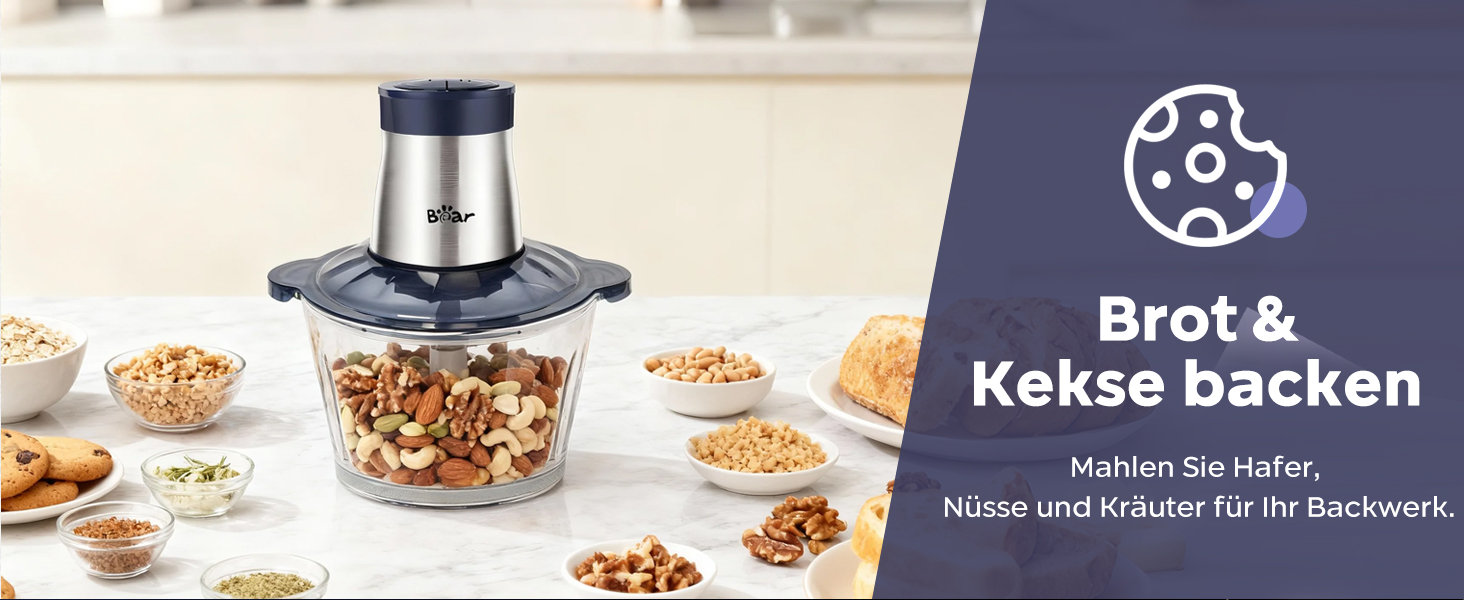 М'ясорубка електрична Bear 2л + 1.8л, подрібнювач зі скляною та нержавіючою сталлю, 600W, 2 швидкості, 4 сталеві ножі для м'яса, дитячого харчування, овочів та фруктів