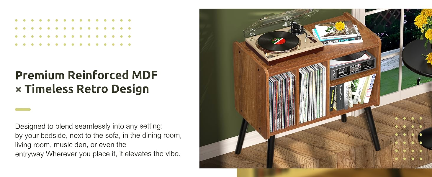Стіл для програвача, стійка для програвача в стилі середини століття з місцем для зберігання вінілу (до 150+ платівок), шафа для вінілових платівок з регульованими полицями, дуб