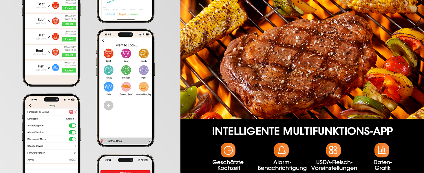 Беспроводной термометр для мяса DOQAUS 158m Bluetooth, IPX7, для гриля, духовки, мангала, аэрофритюрниці, чорний