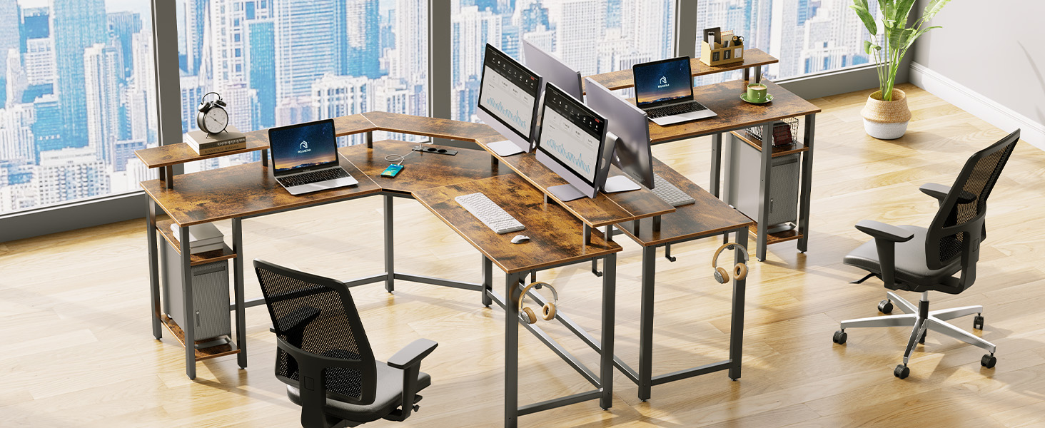 Кутовий стіл Rolanstar з RGB-підсвіткою та розетками, 135 см, для комп'ютера з підставкою для монітора та полицею, реверсивний, з 2 гачками, для спальні/офісу, вінтажний коричневий, 134,5 x 134,5 x 86,2 см