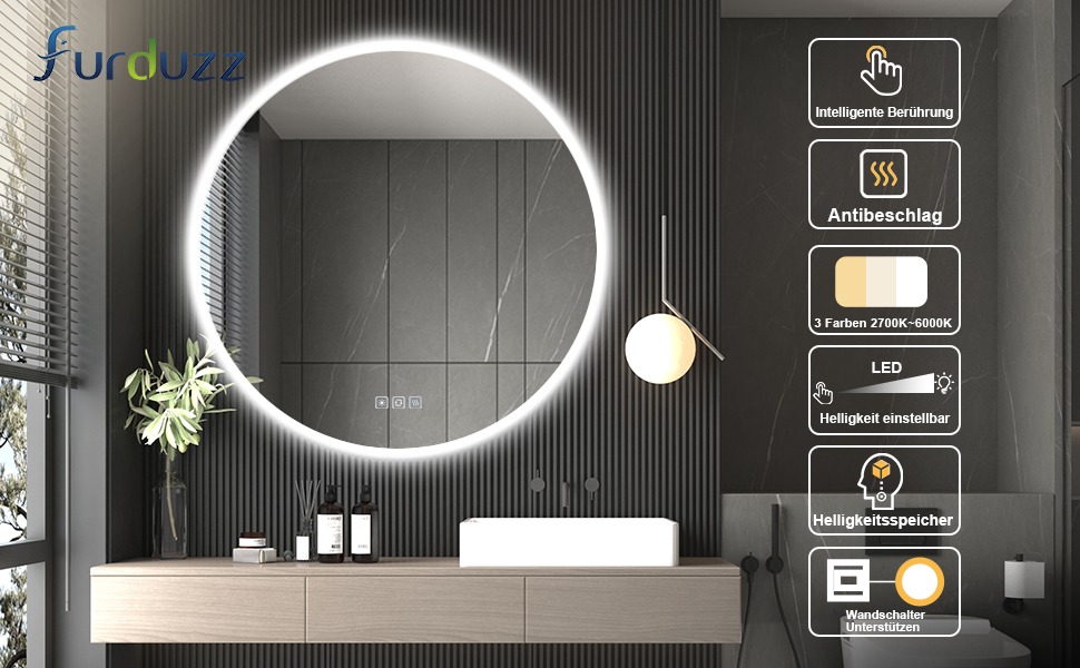 Дзеркало для ванної кімнати Furduzz LED з підсвічуванням, 700 мм, сенсорне керування, диммування, 3 кольори, проти запотівання, пам'ять, 70x70 см