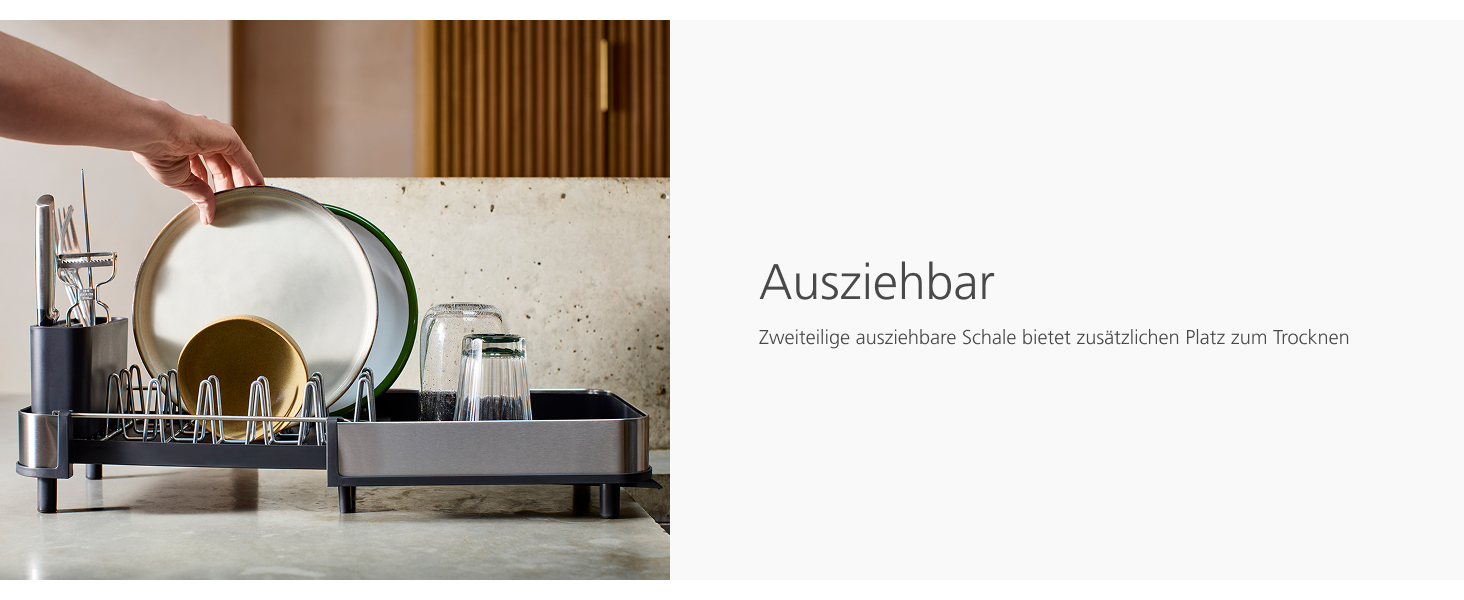 Сушарка для посуду Joseph Joseph Extend Slim з нержавіючої сталі, висувна, компактна, з підставкою для столових приборів та поворотним зливом, сіра