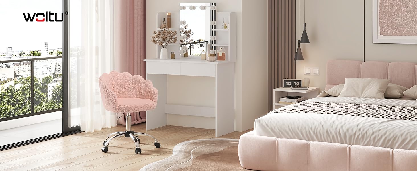 Крісло WOLTU для офісу та дому з м'якою спинкою у вигляді пелюстки, обертове, з регулюванням висоти, рожеве, з тканини кашемір