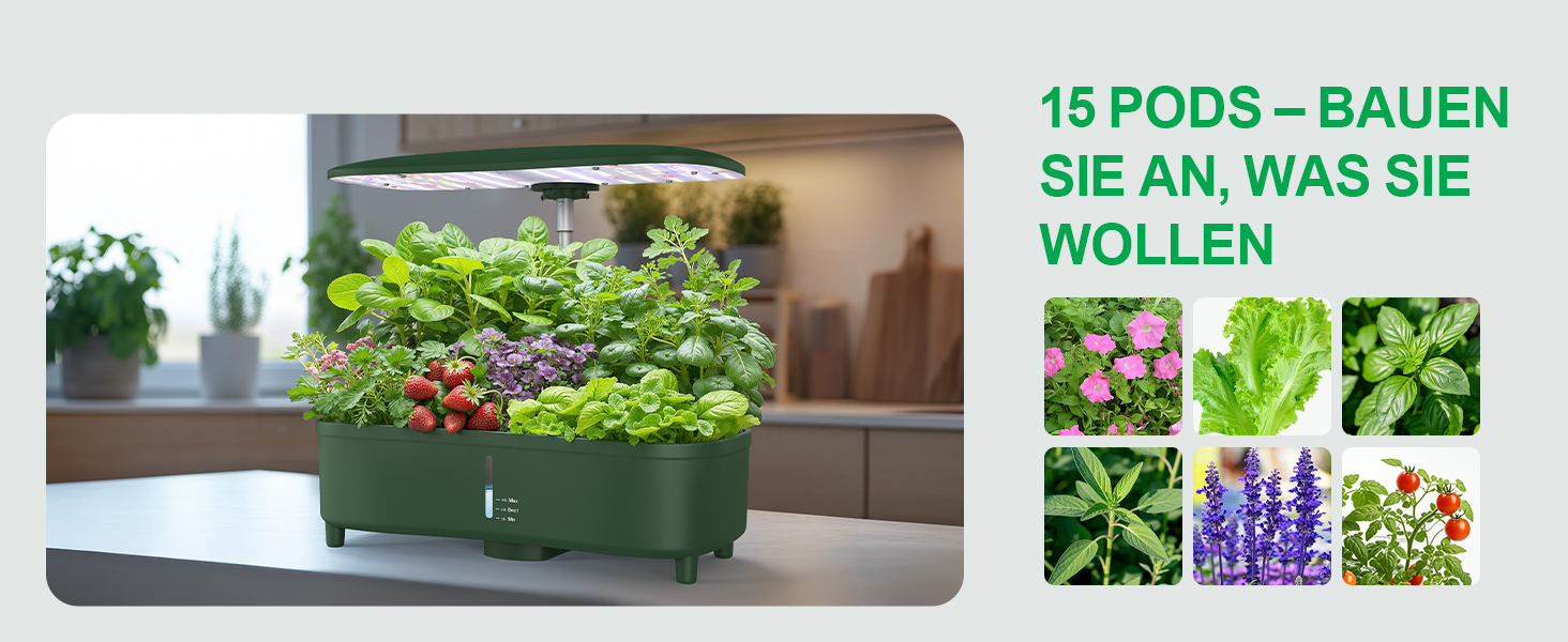 Гідропонна система вирощування, набір для вирощування трав в приміщенні на 15 місць, Smart Garden з автоматичним таймером, повним спектром LED-лампи, регульованою висотою, 5L бак