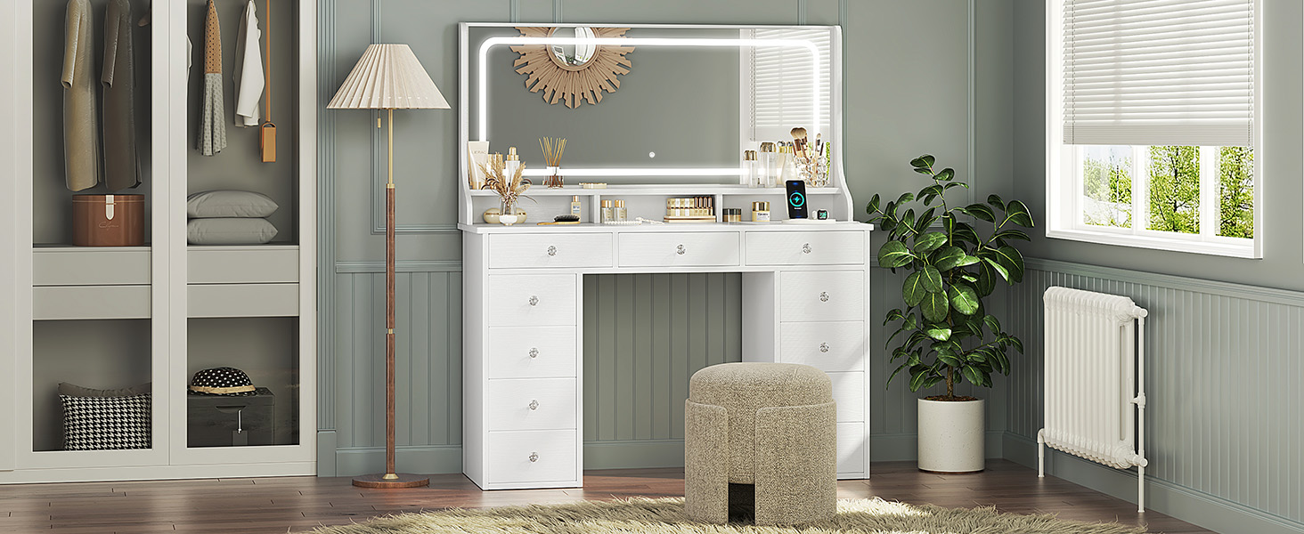 Діплекс туалетний столик з підсвіткою, 110 см, з 11 шухлядами та LED-дзеркалом, білий. Сучасний туалетний столик для спальні та гардеробної