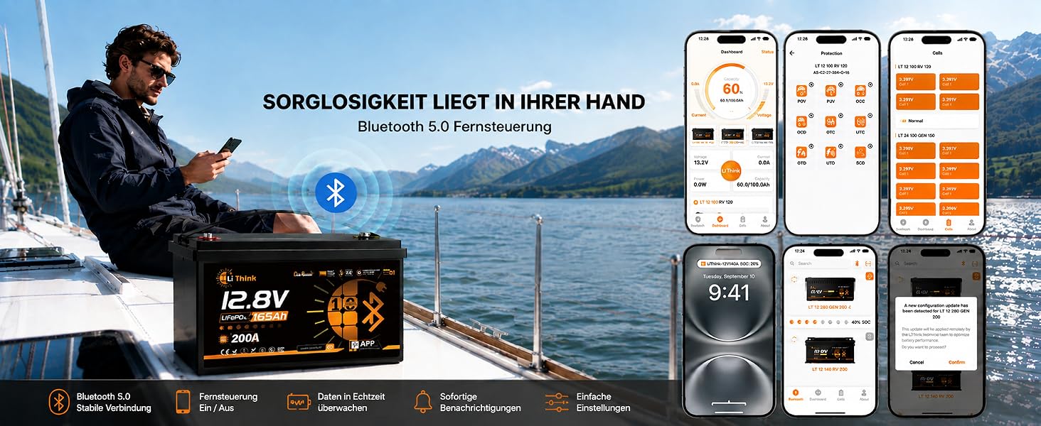 LiFePO4 акумулятор 12V 165Ah для кемпера та автобудинку, Bluetooth 5.4, стандарт ECE R10, літієва батарея H190 Dual Purpose