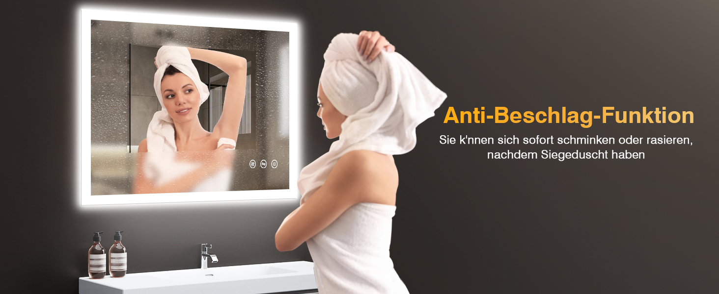 LED дзеркало для ванної кімнати 80x60 см з підсвічуванням, 3 кольори світла, регулювання яскравості, антизапарник, сенсорне керування, пам'ять, IP44, вологостійке