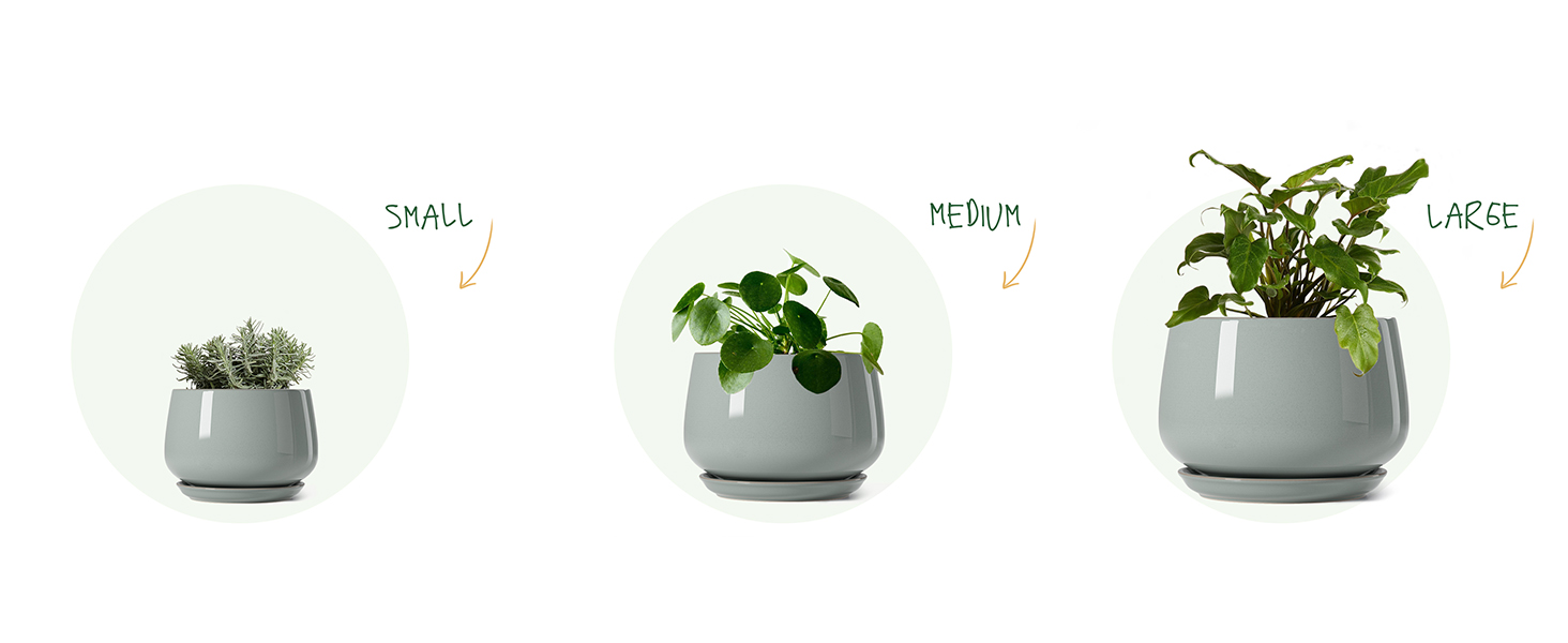 Керамічні горщики LE TAUCI з підставкою, 10+13+16 см, набір з 3 горщиків для кімнатних рослин, з дренажним отвором, реактивна глазур (блакитно-сірий)