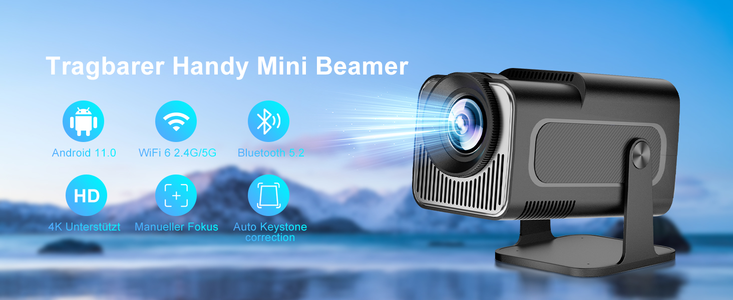 Beamer 4K HY260pro: Міні проєктор для дому та вулиці з WiFi 6, Bluetooth 5.4, Android TV, 180° обертання, 18000 люмен, 5W динамік