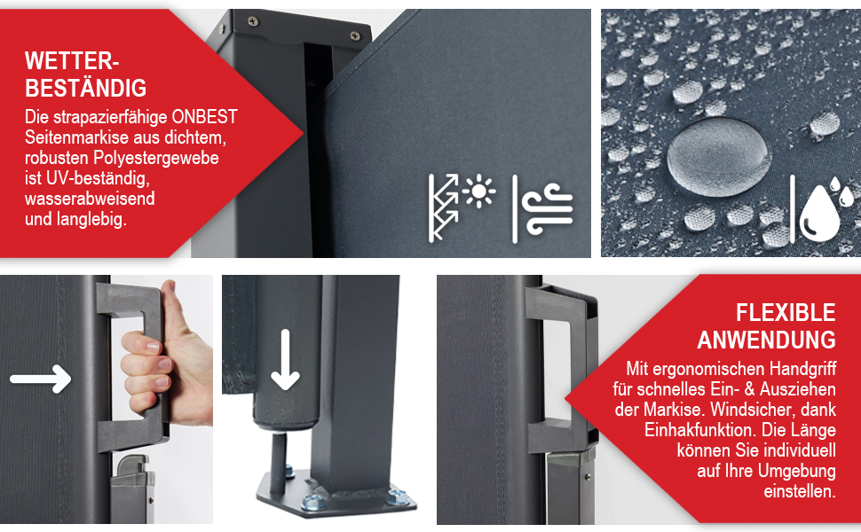 ONBEST висувна бічна маркіза 200x300 см – захист від сонця, вітру та сторонніх поглядів для тераси, балкона, саду