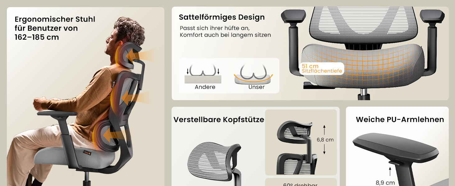 Офісний крісло ProtoArc EC100 сірого кольору з товстим пружинним сидінням, підтримкою попереку, регульованими підлокітниками та підголівником, сітчасте крісло для дому та офісу