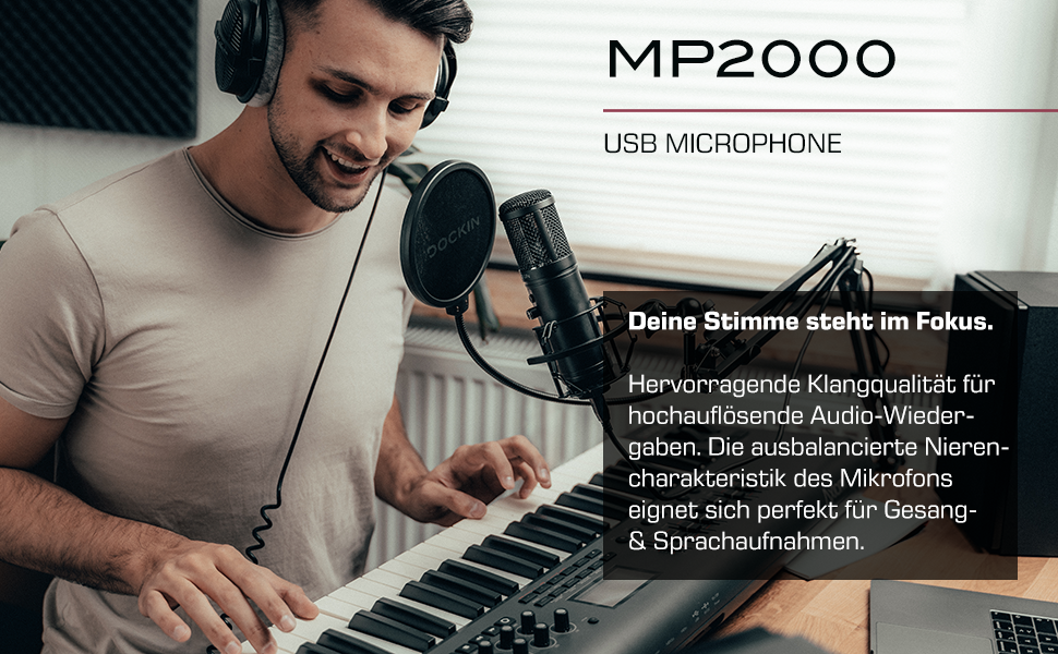 DOCKIN® MP2000: USB мікрофон для ПК, геймінгу, подкастів та стрімінгу. Якісний мікрофон з важким штативом для запису звуку. (130dB)