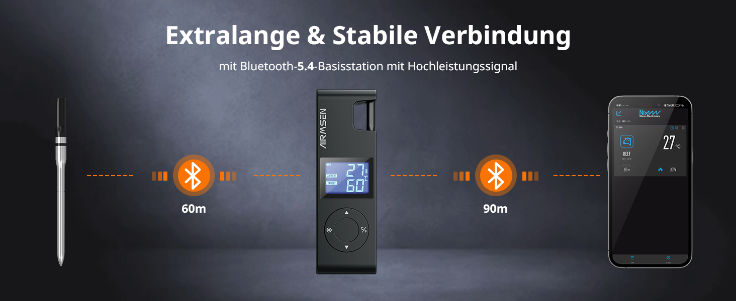 Бездротовий термометр для м'яса AIRMSEN з акумулятором 1000mAh, Bluetooth, LCD-дисплей, дальність 150м, керування через додаток, для приготування на грилі та барбекю, чорний