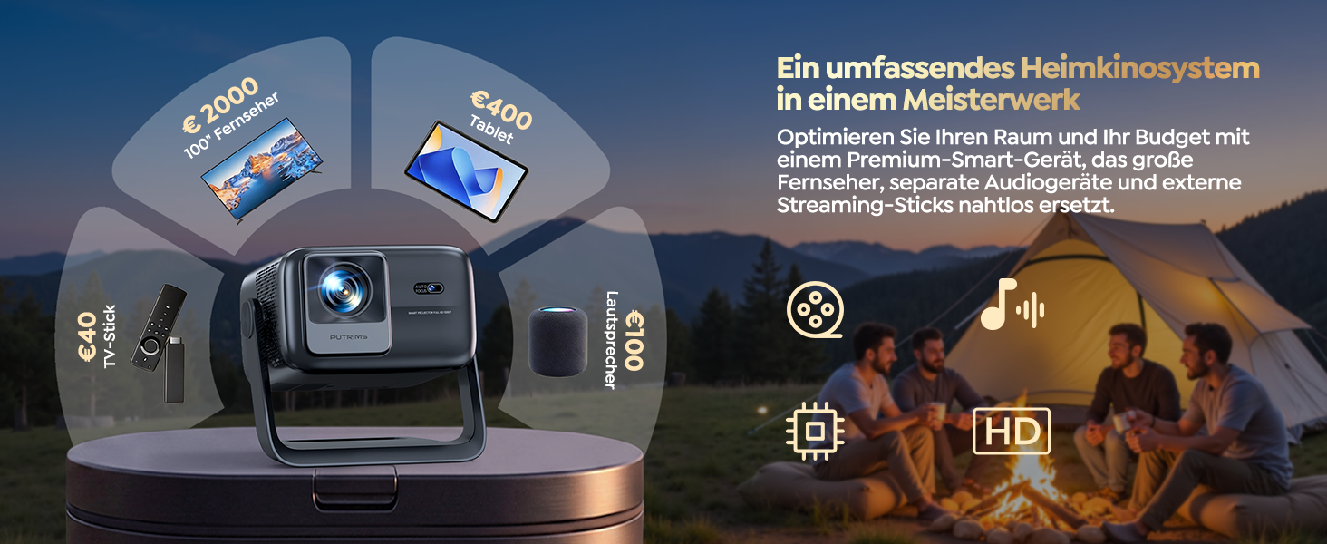 Smart Beamer 4K з Google TV та Bluetooth: LED проєктор для дому та вулиці з автофокусом, HDR10, WiFi, 360° обертання, підтримка HDMI