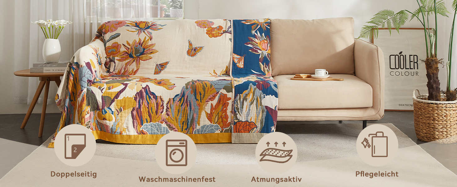 Богемна ковдра Boho Decke 100% бавовна – двостороння муслінова ковдра 150x200 см, м'яка ковдра для дивана та покривало для ліжка, естетичний дизайн, ідеально для вітальні та спальні, помаранчевий/зелений 150 x 200 см, Sommertanz