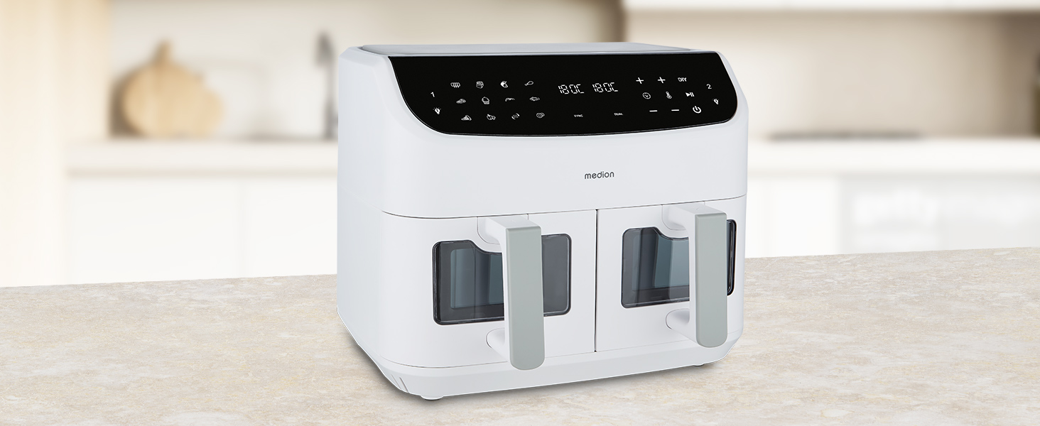 MEDION P20 XXL Фритюрниця для повітряного приготування з 2 камерами (8,7 л, Airfryer, 2600 Вт, подвійна камера, 10 автоматичних програм, 2 ящики, віконце, Dual Airfryer, ILAG PFAS-free, MD11760) матово-білий