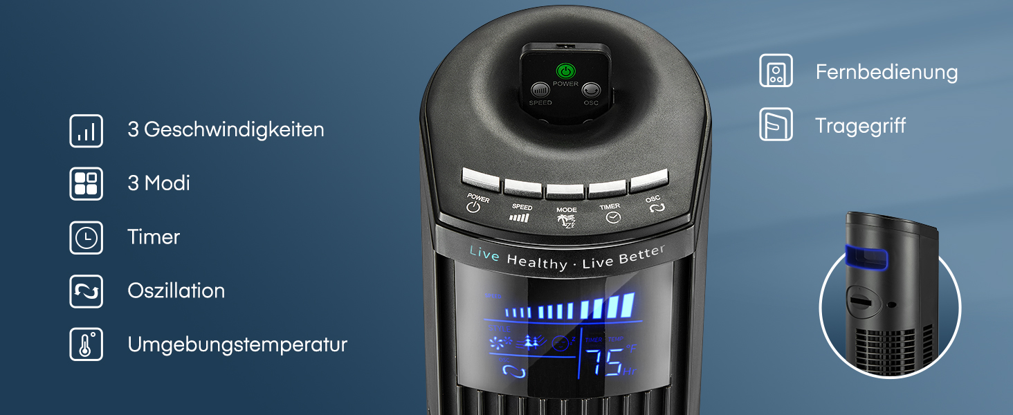 Вентилятор підлоговий FOHERE Leiser Turmventilator 91 см з пультом, таймером та нічним режимом, чорний
