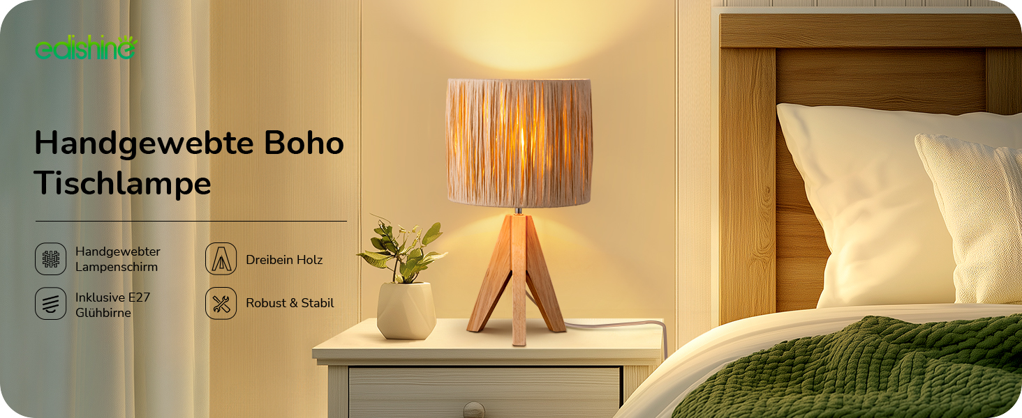EDISHINE Настільна лампа з ручним плетінням, тепле світло 2700K, дерев'яний штатив, Boho стиль, для спальні, вітальні, готелю, з LED лампою E27 4W, абажур з ротангового паперу