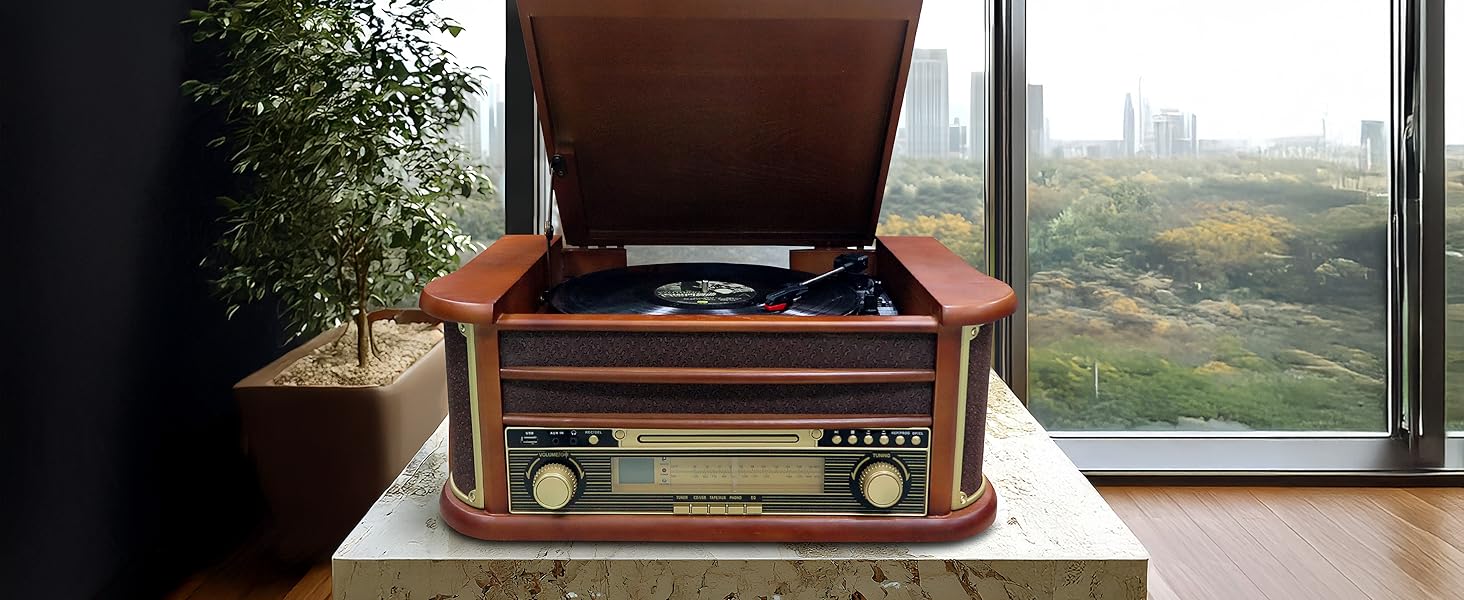 Ретро музичний центр Nostalgie з Bluetooth, касетною декою, CD/MP3/USB програвачем, радіо, програвачем вінілових платівок, AUX IN, записом MP3 та пультом