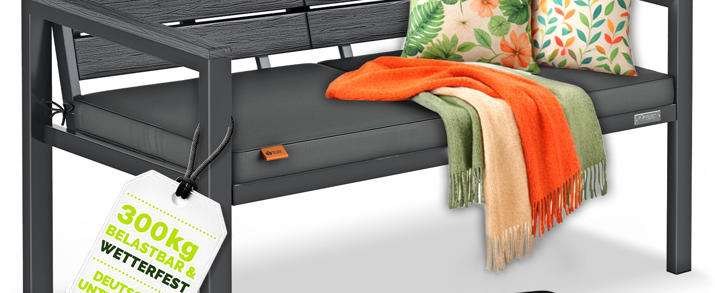 Садова лавка Tillvex® 3-4 місця з подушками та чохлом, вулична, стійка до погодних умов, деревоподібна, до 300 кг, антрацит 150 см