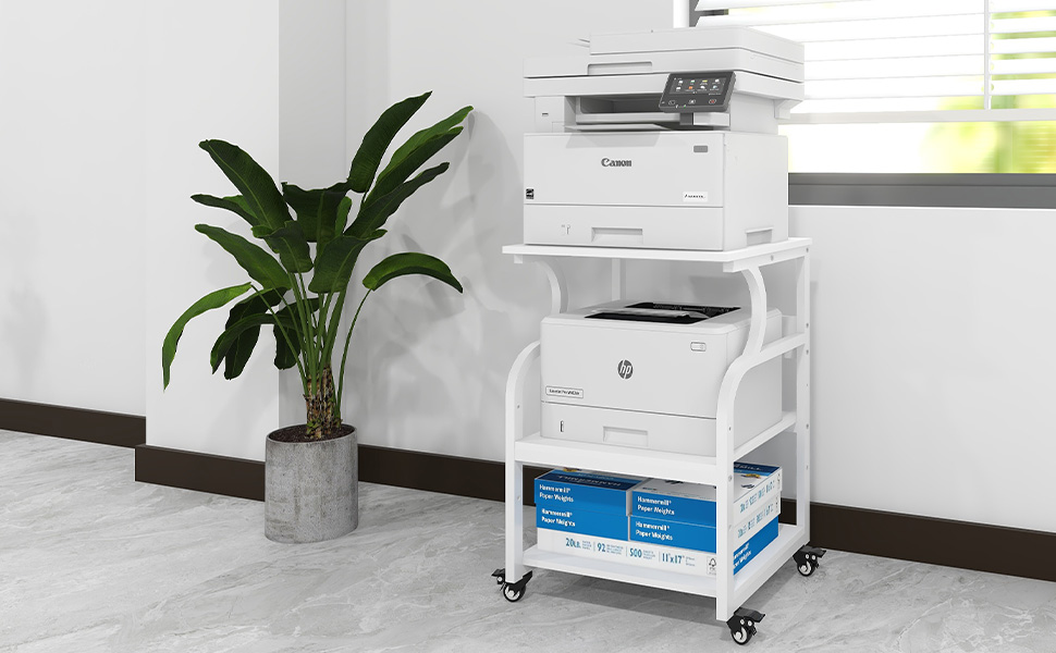 Регульований стіл для принтера PUNCIA з 3 ящиками, 60 x 50 см, на коліщатках, з дерева та металу, білий