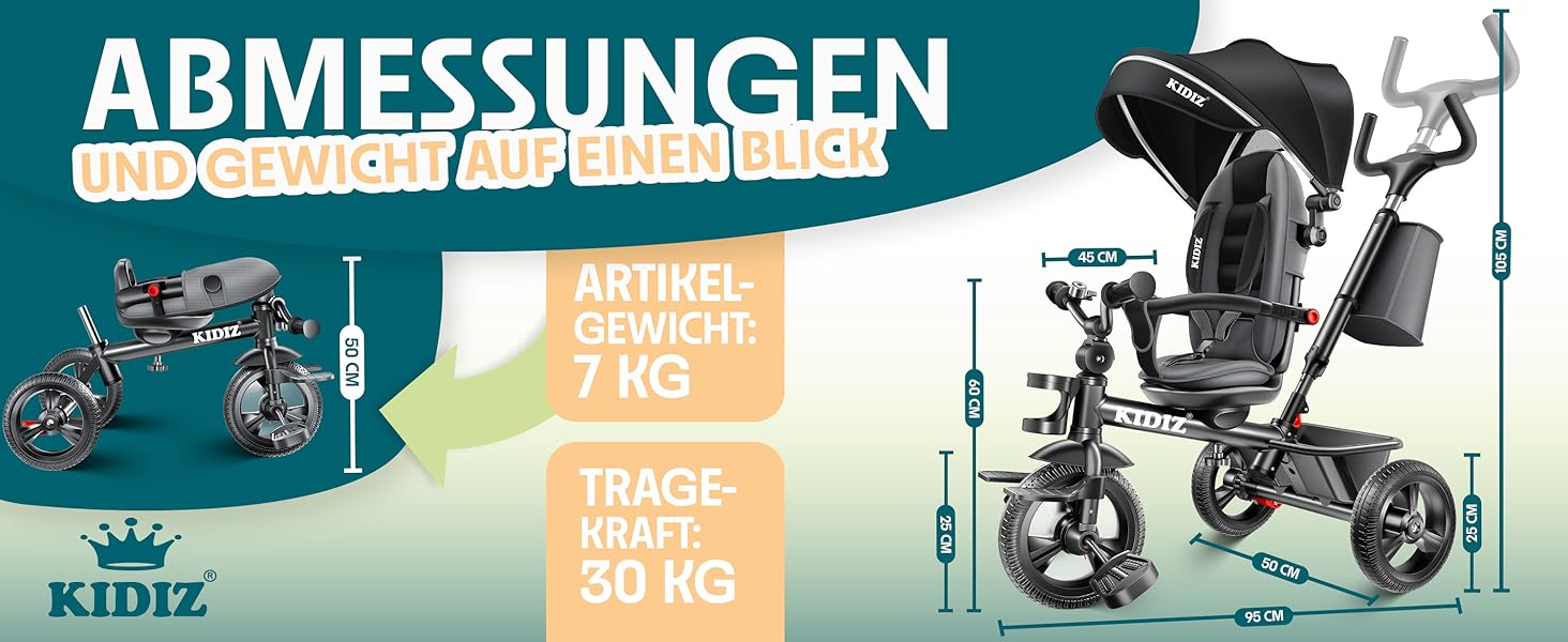 Дитячий триколісний велосипед KIDIZ 6-в-1: з ручкою, кошиком, сонцезахисним дахом, до 25 кг, сірий