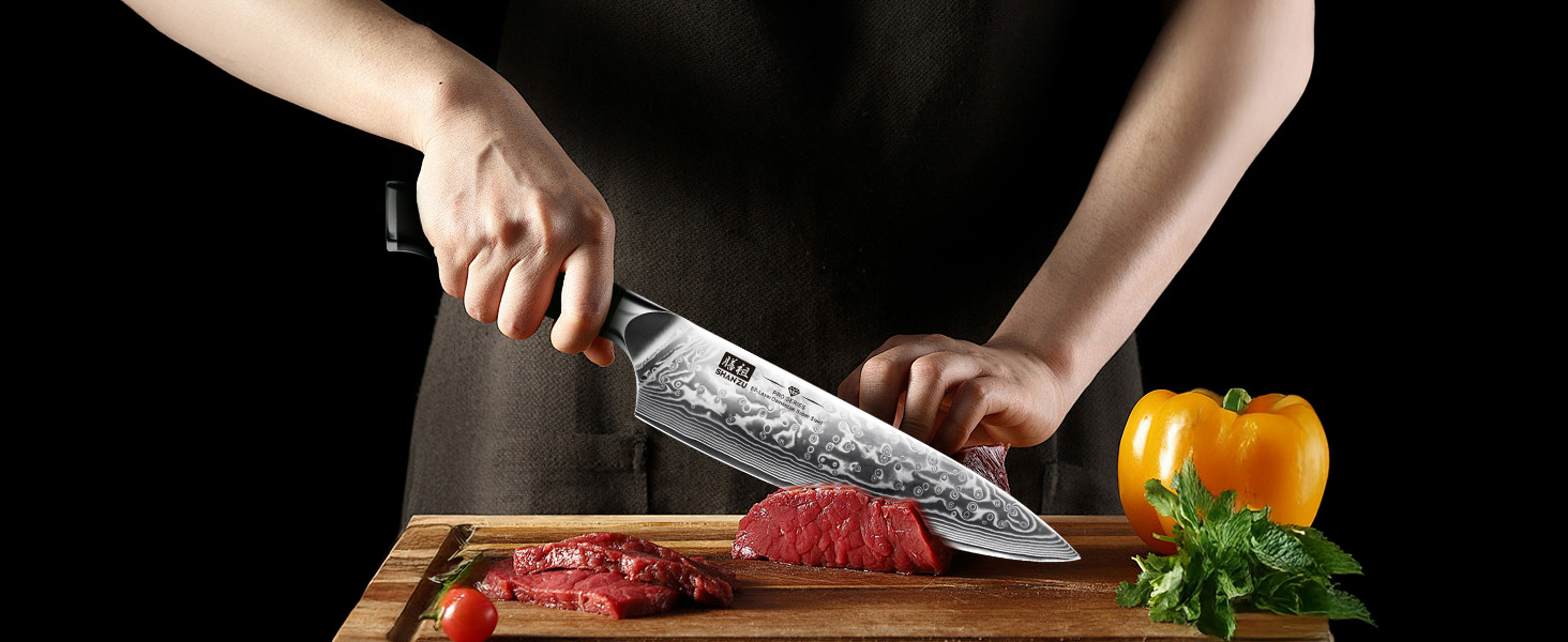Набір кухонних ножів SHAN ZU PRO Series з дамаської сталі (67 шарів) з ручкою G10, 20 см (набір з бруском)