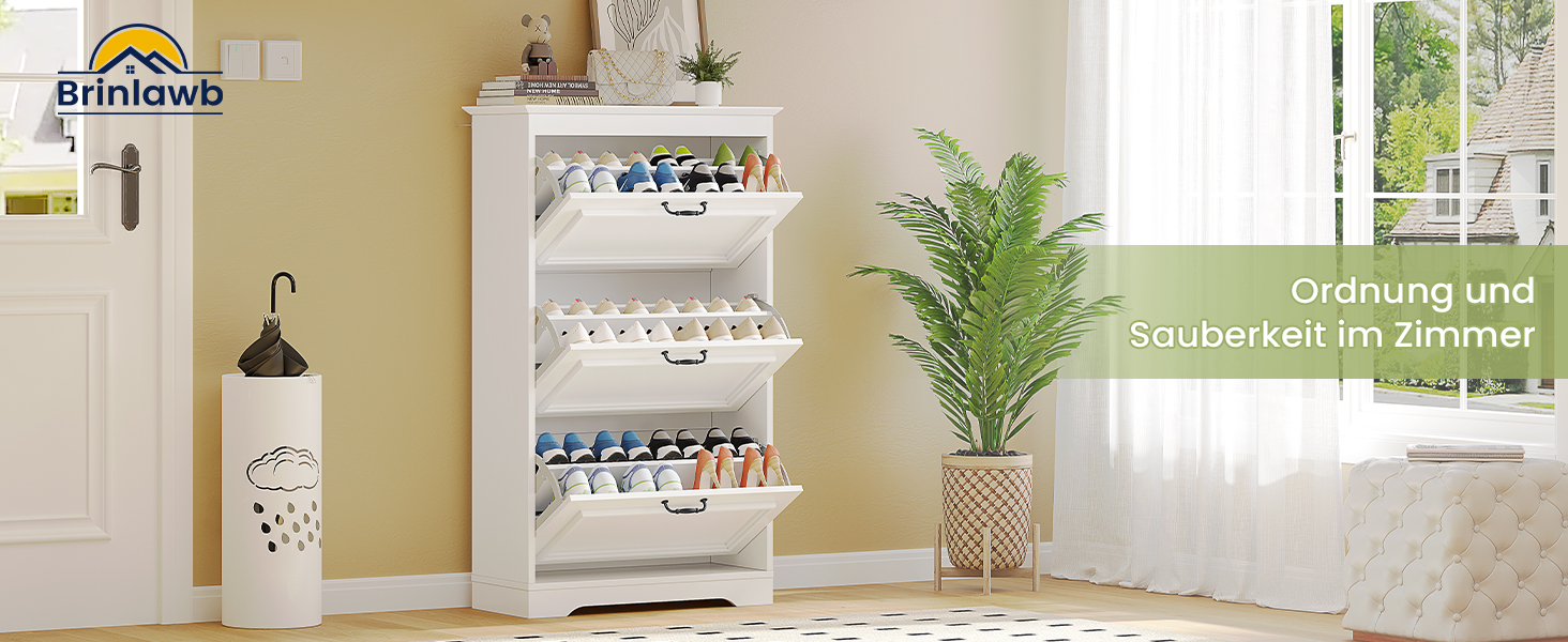 Шкаф для взуття Brinlawb з 3 дверцятами, білий. Комод для взуття, полиця для взуття з регульованими перегородками, для 14-18 пар. Дерев'яний шкаф для вхідної зони, коридору, вітальні.