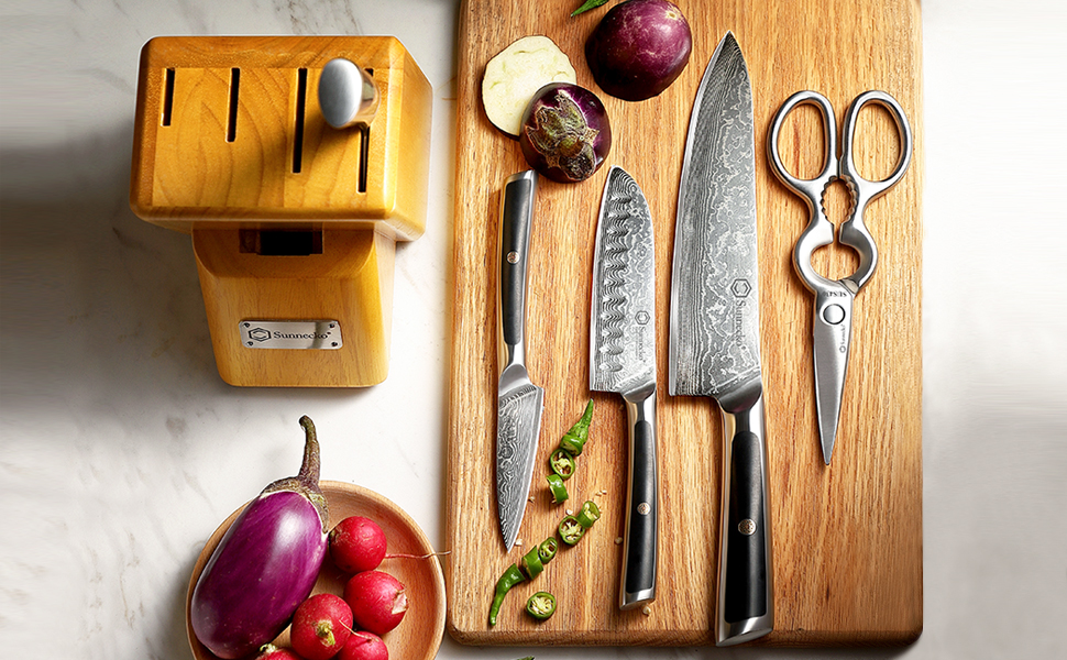 Набір ножів Sunnecko 6 предметів з блоком: кухонні ножі з дамаської сталі, ергономічні ручки, кухонні ножиці, тримач для ножів, дерев'яний блок