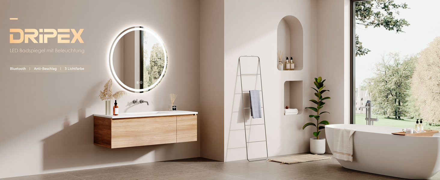 Дзеркало для ванної кімнати Dripex круглої форми з підсвічуванням LED, сенсорне керування, регулювання яскравості, 3 кольори світла, запобігання запотіванню, 50x50 см (Bluetooth, запобігання запотіванню, 3 кольори, регулювання яскравості)