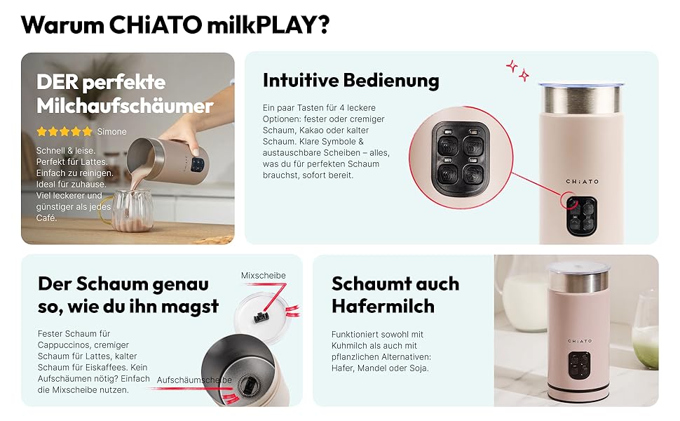 milkPLAY Пінороб електричний 4-в-1 для молока, кави та напоїв (Cream) - спінювач, підігрівач для лате, капучино, матча, какао