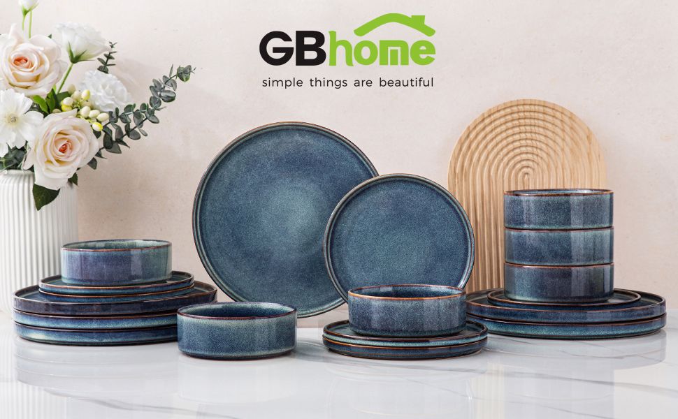 Набір посуду GBHOME 18 шт. з реактивною глазур'ю: тарілки та миски, чорно-оливковий колір, стійкий до сколів та розбиття, підходить для миття в посудомийній машині та використання в мікрохвильовці
